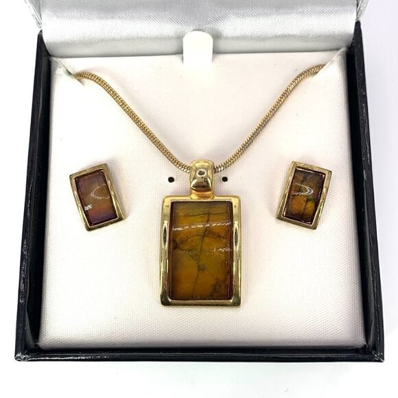 East 5th Necklace & Earring Gift Set Gold & Orange Faux Stone NIB - Picture 2 of 6